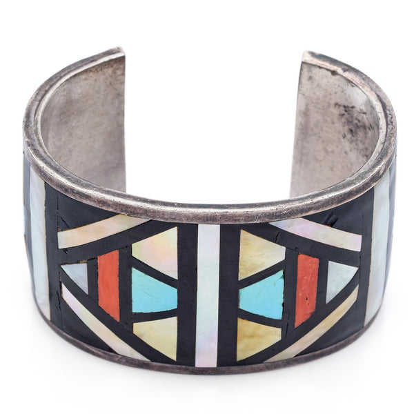 Vintage NSK Signed Zuni Multi-Stone Inlay Sterling Silver Wide Cuff Bracelet