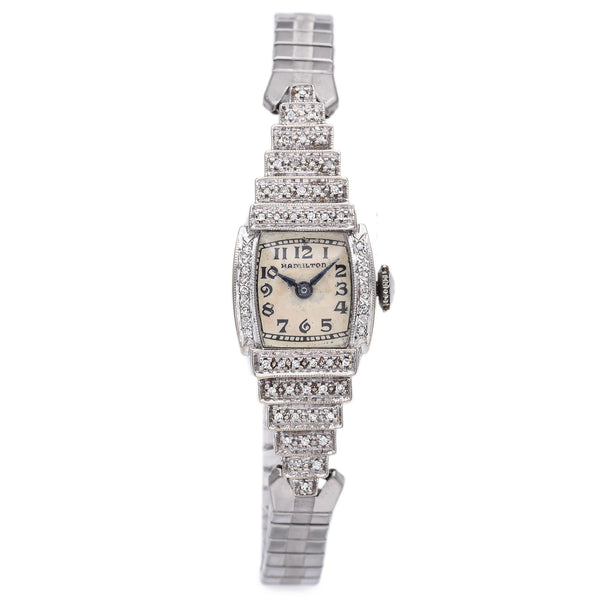 Antique Hamilton Ladies 0.26 TCW Diamond 14K White Gold Hand Wind Wristwatch