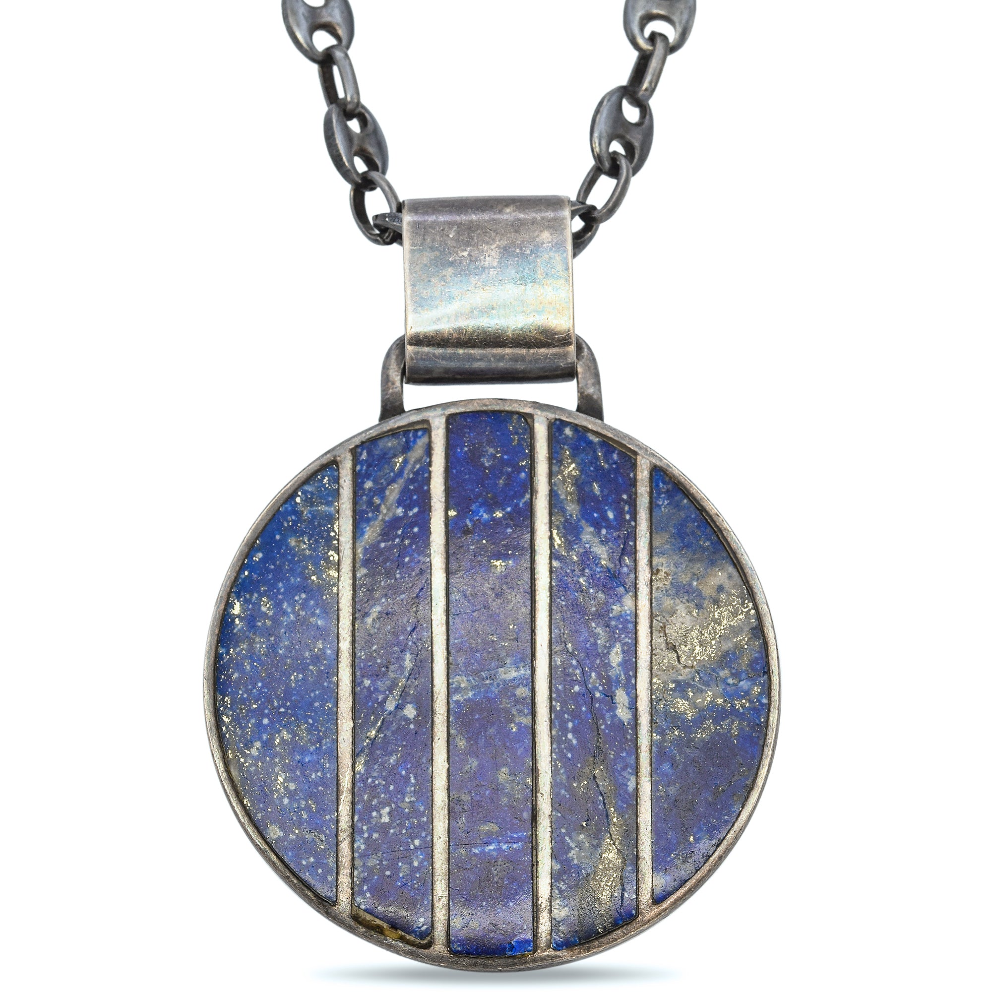 Vintage Sterling Silver Lapis Lazuli Disc Heavy Mariner Chain Pendant Necklace