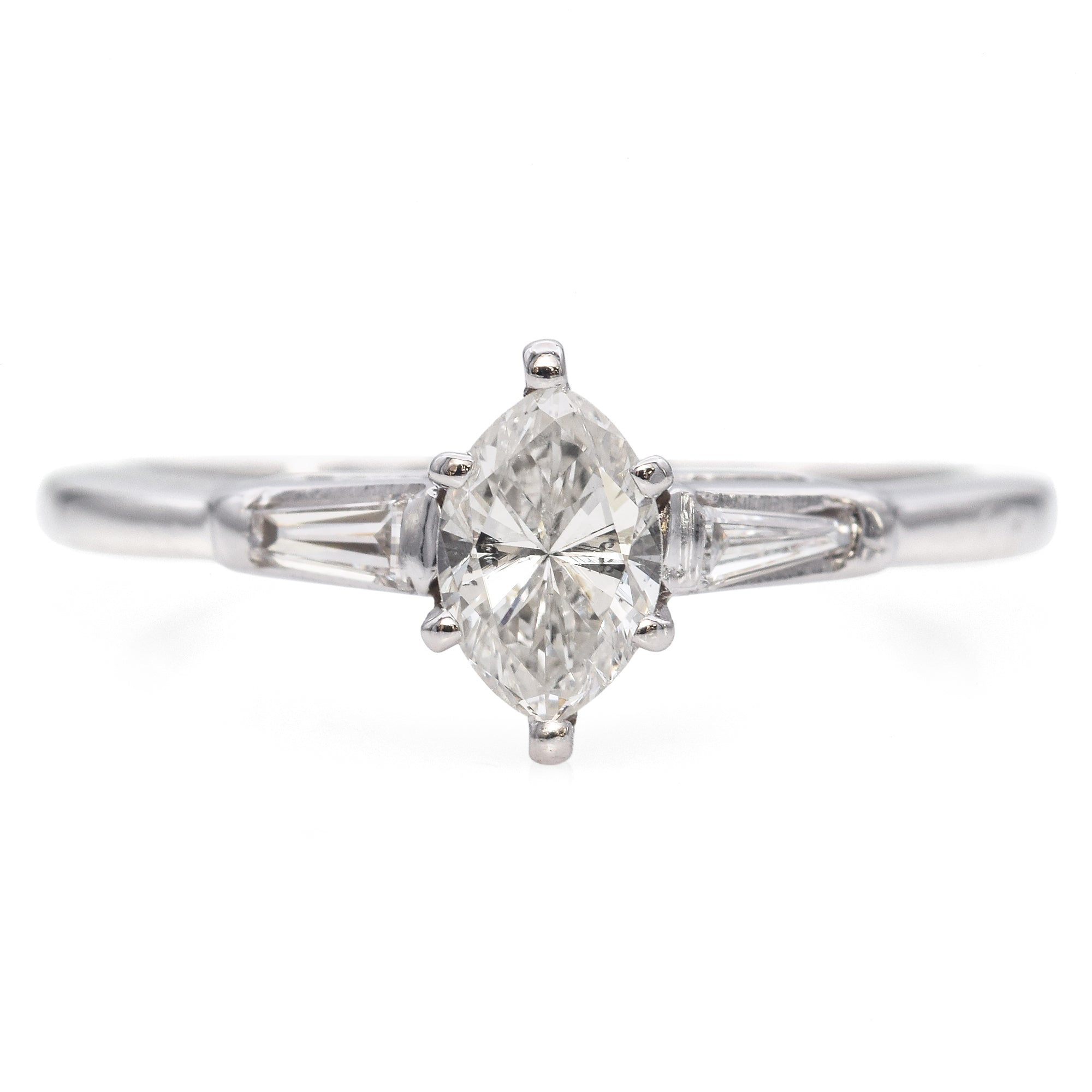 14K White Gold Marquise Diamond and Tapered Baguette Engagement Ring