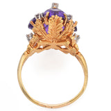 18K Yellow Gold 6.72 TCW Amethyst and Diamond Leaf Setting Cocktail Ring