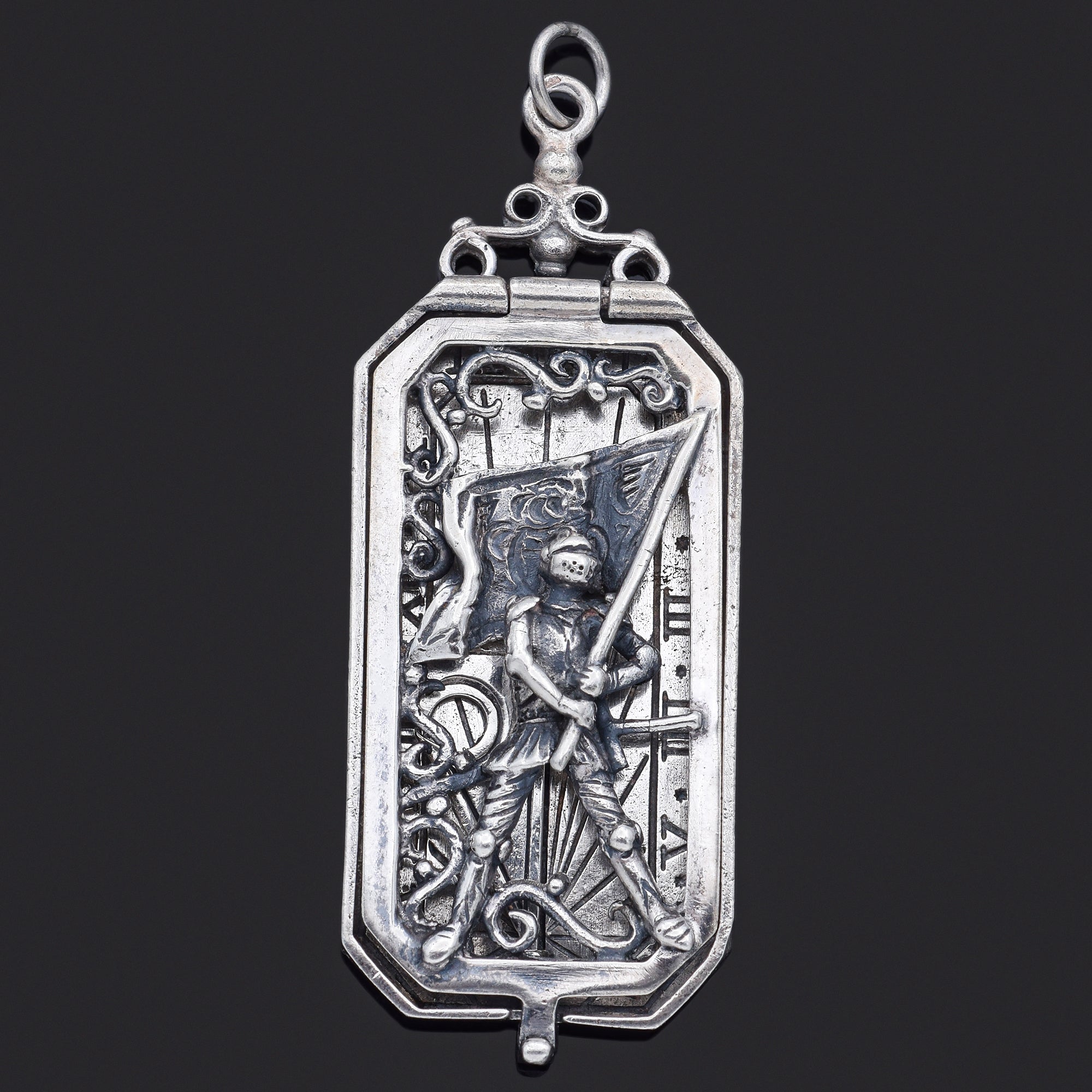 Antique Sterling Silver Pocket Sundial Knight Transit Hora Sine Mora Pendant