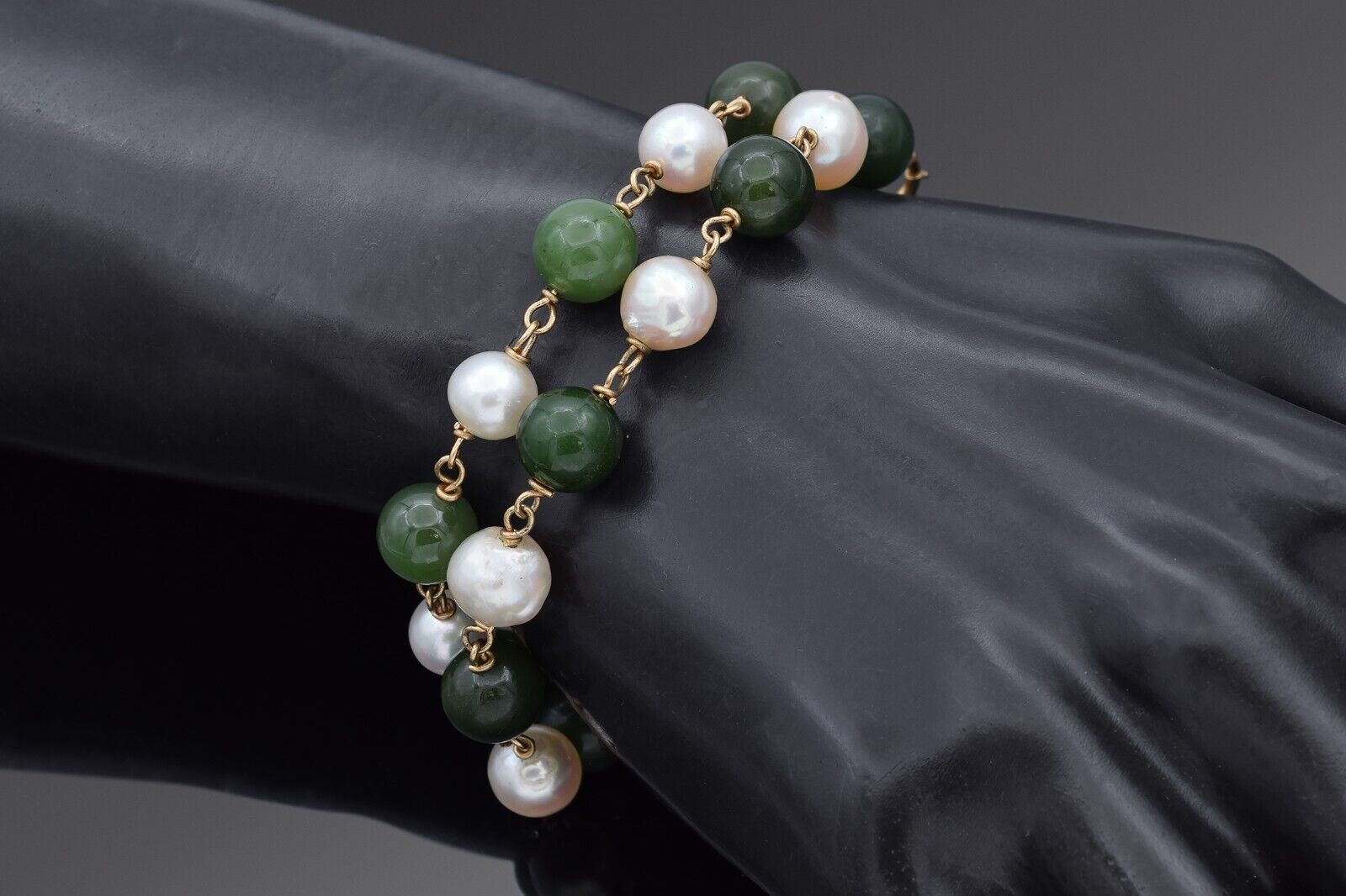 Lot of 2 Vintage Green Jade & Pearl 14K Yellow Gold Station Bracelets 6.5 Inches