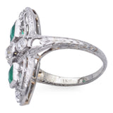 Antique Art Deco 18K White Gold Diamond & Emerald Shield Cocktail Ring Size 3