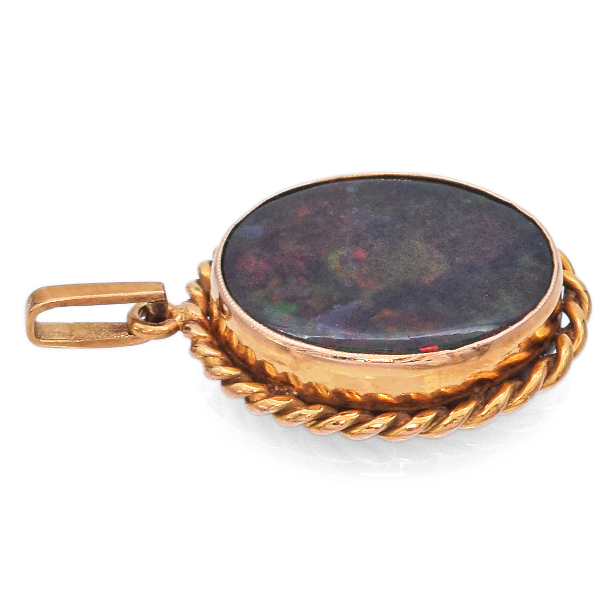 Vintage 10K Yellow Gold Black Opal Oval Cable Bezel Pendant