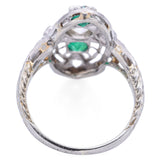 Antique Art Deco 18K White Gold Diamond & Emerald Shield Cocktail Ring Size 3