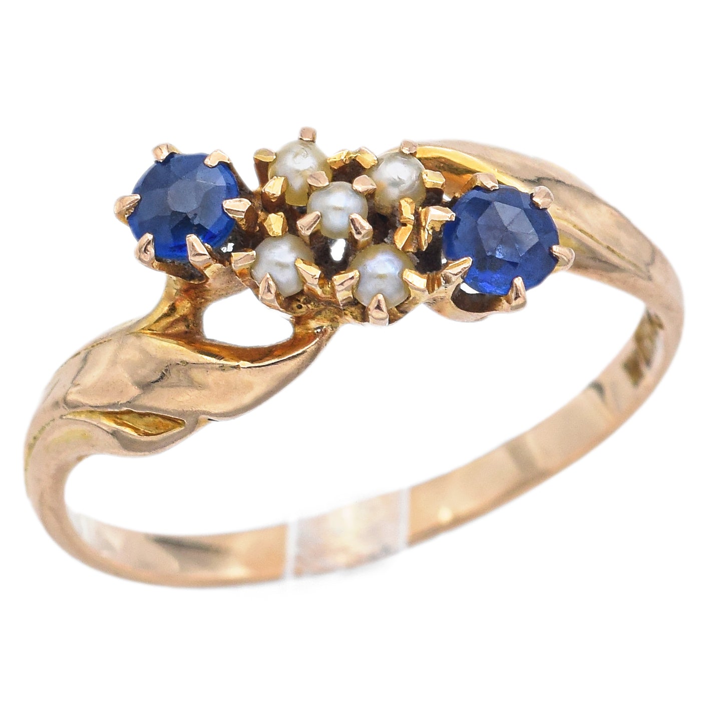 Antique W Signed 8K Yellow Gold Blue Quartz & Seed Pearl Band Ring Size 6