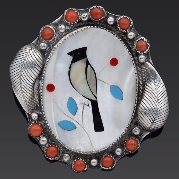 Vintage Sterling Silver Mother of Pearl, Red Coral, Onyx & Turquoise Brooch Pin