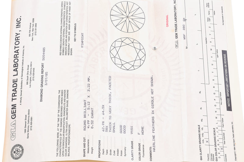 GIA Certified Loose 0.52Ct F VVS1 Round Brilliant Diamond 4.99 - 5.12 x 3.22 mm