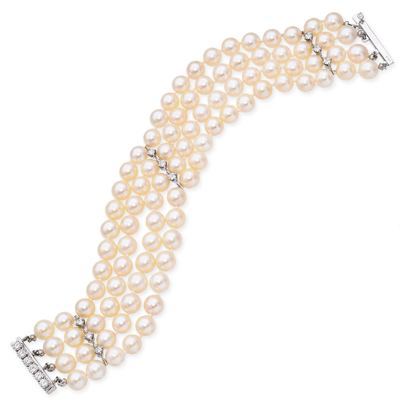 Vintage White Gold 4 Row Pearl and Diamond Bracelet