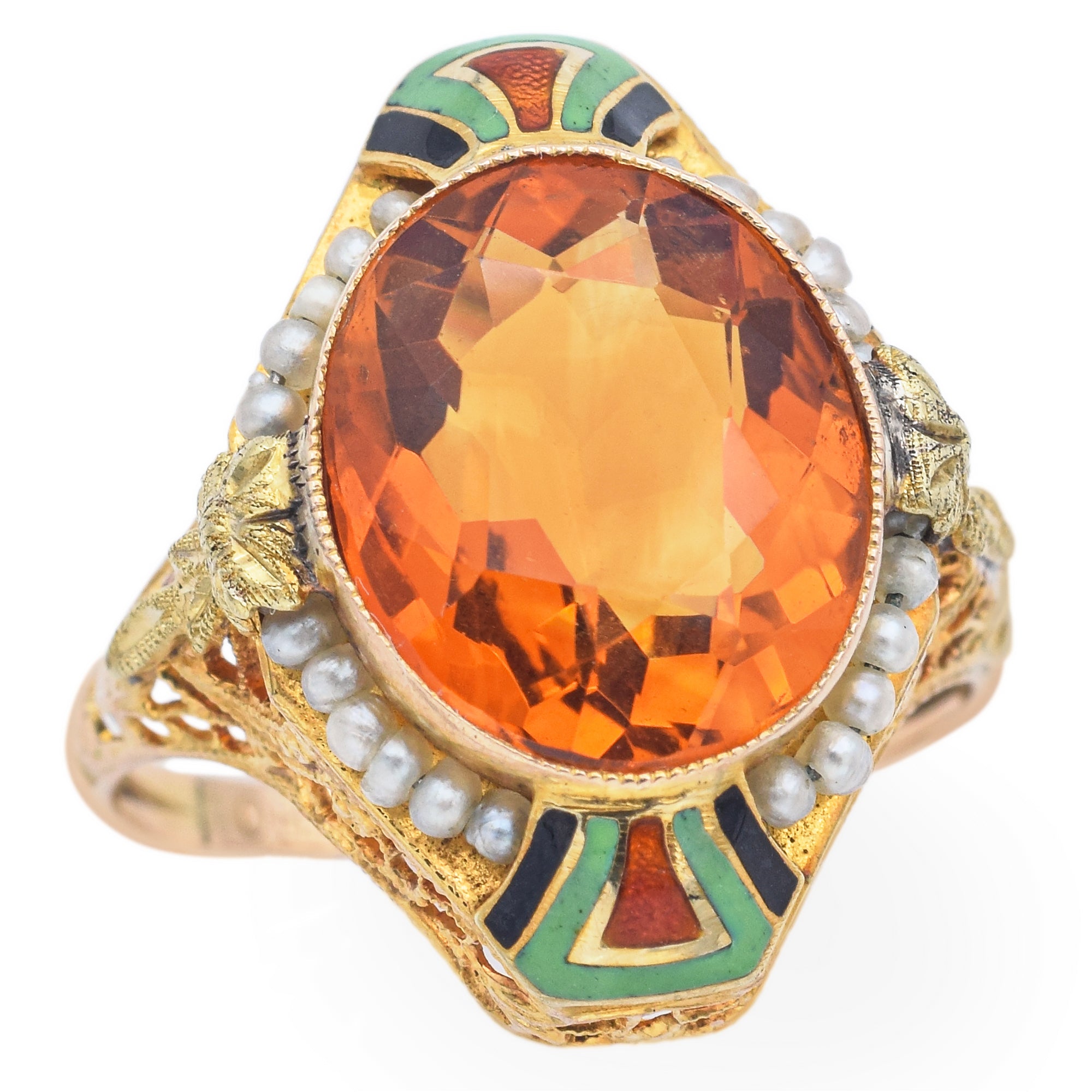 Antique 14K Yellow Gold 5.15 Ct Citrine & Pearl Enamel Cocktail Ring Size 5.5