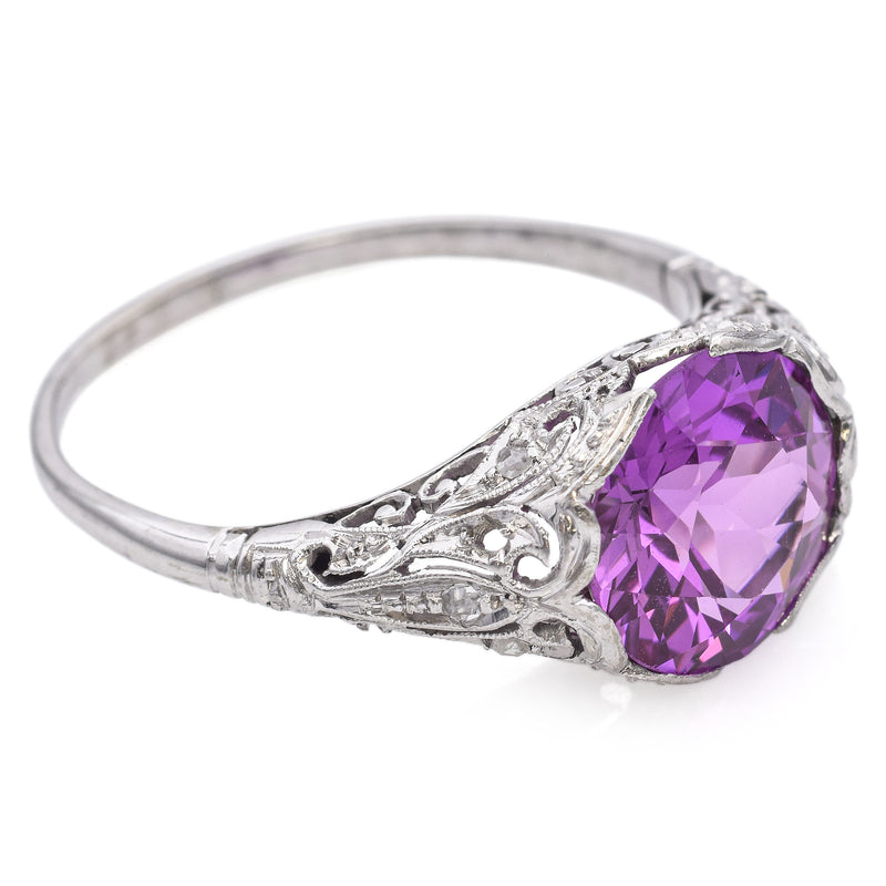 Vintage 18K White Gold 3.89Ct Pink Lab Sapphire and Accent Diamond Ring