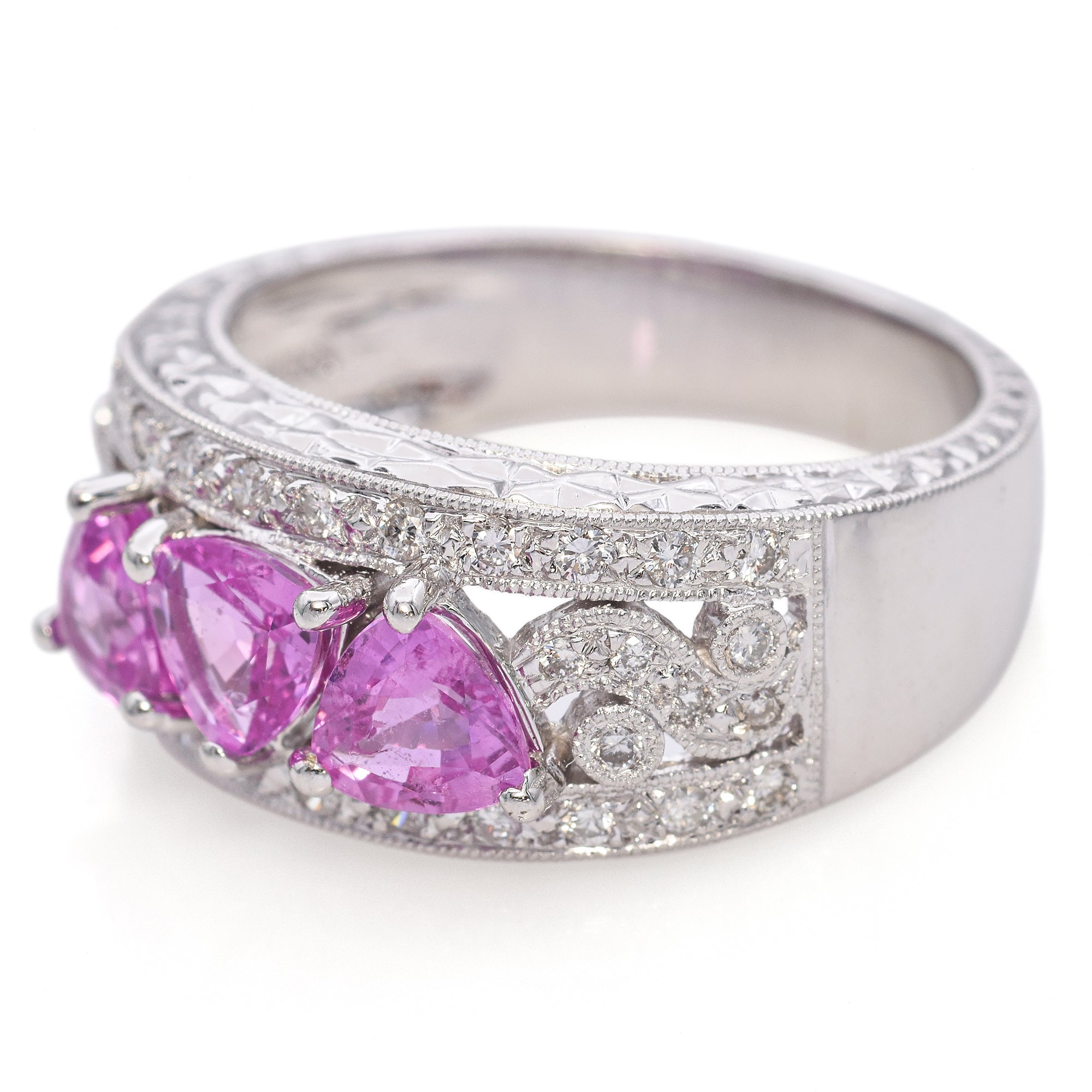 14K White Gold Trillion Cut Pink Sapphire and Diamond Ring