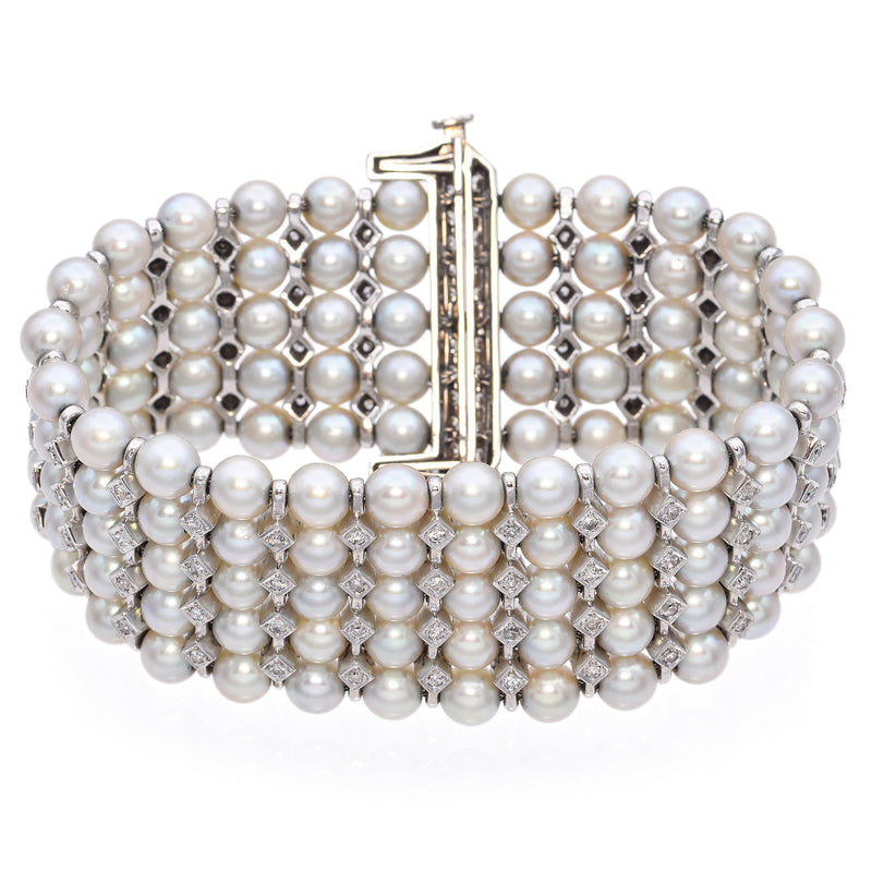 Vintage White Gold 5 Row Pearl and Diamond Bracelet