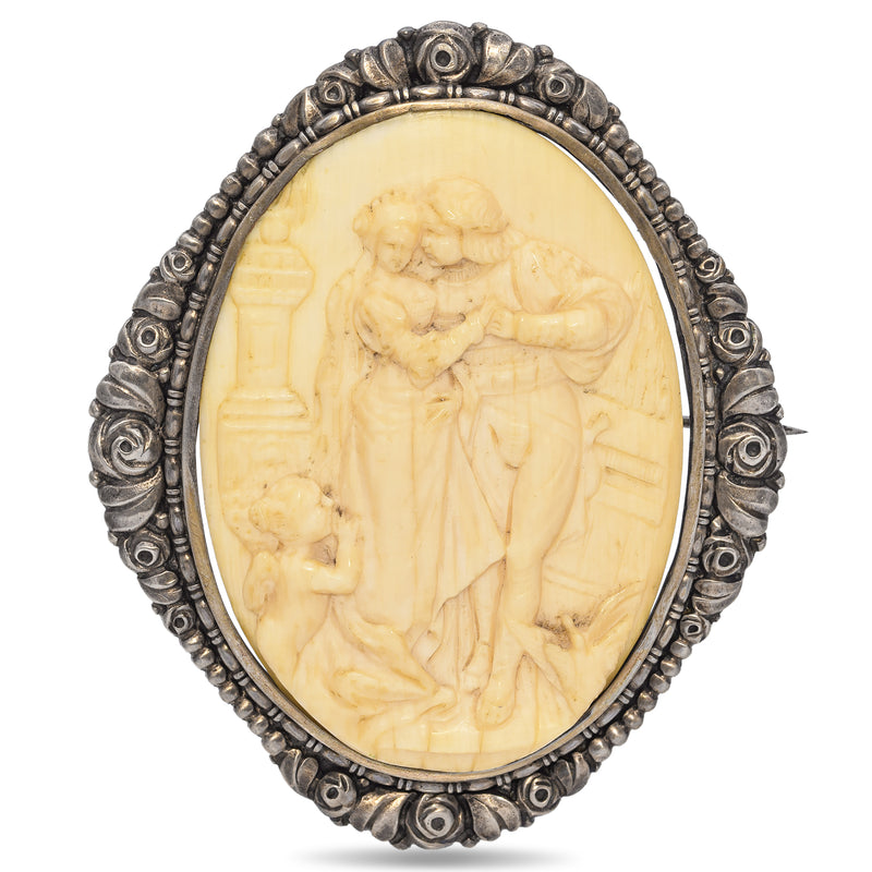 Antique Silver Cameo Courting Carved Brooch