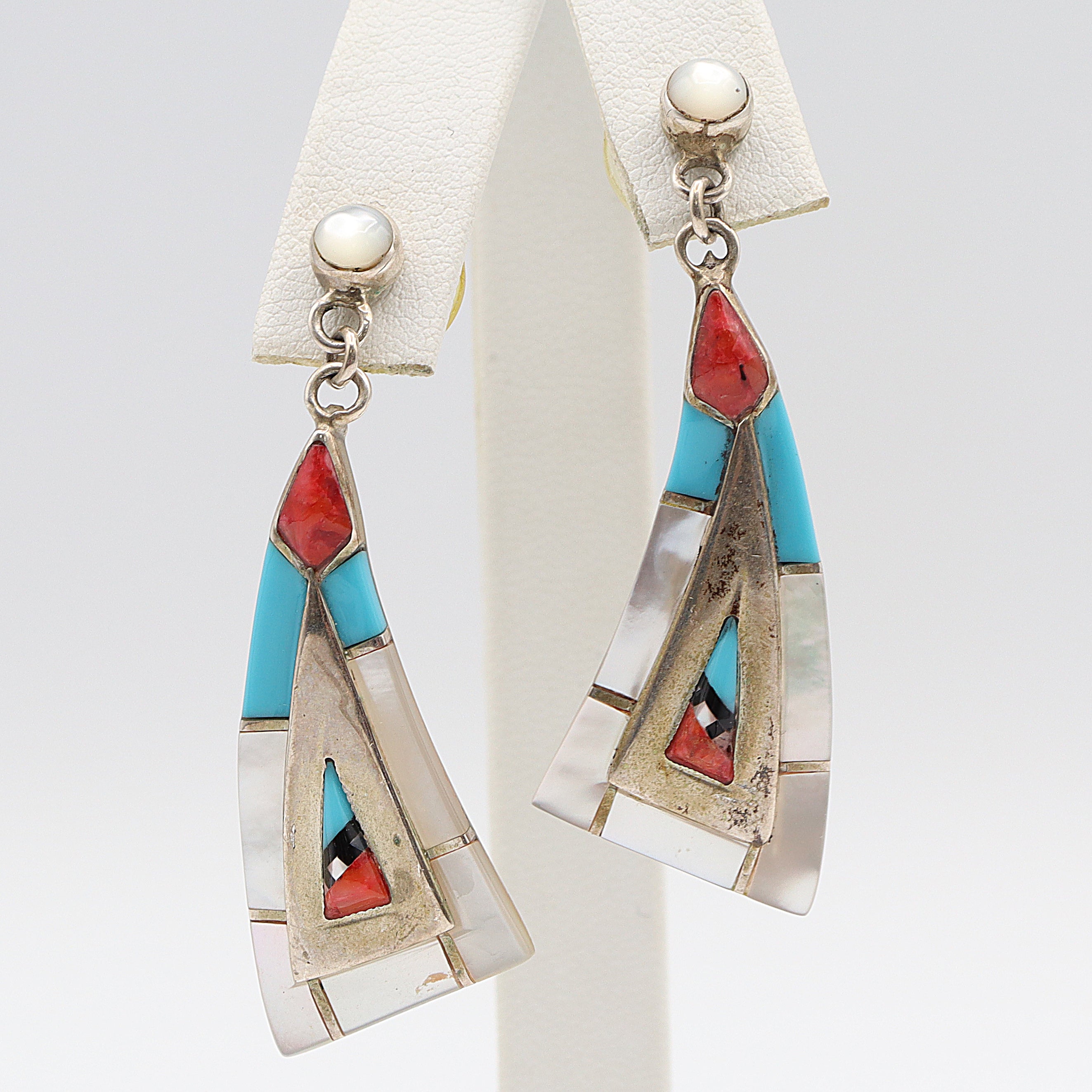 Zuni Southwestern RC, I Signed Sterling Silver Multi-Stone Pendant & Earring Set