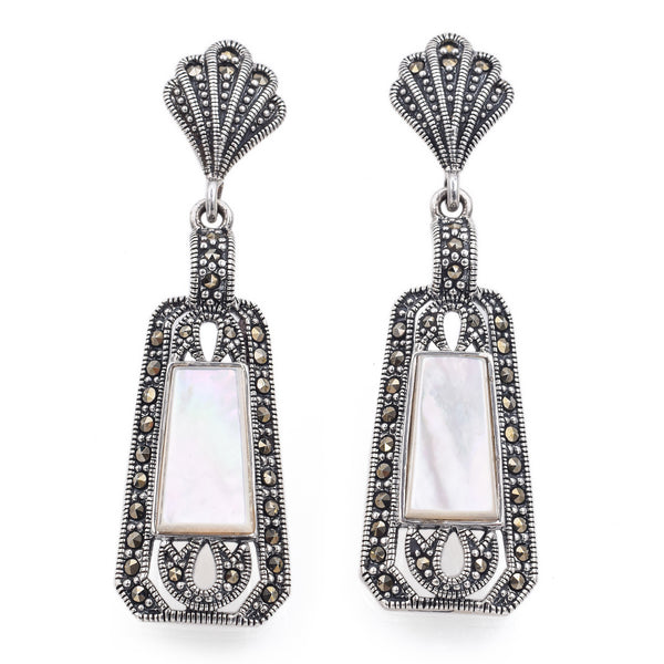 Vintage Sterling Silver Mother of Pearl and Marcasite Drop Earrings