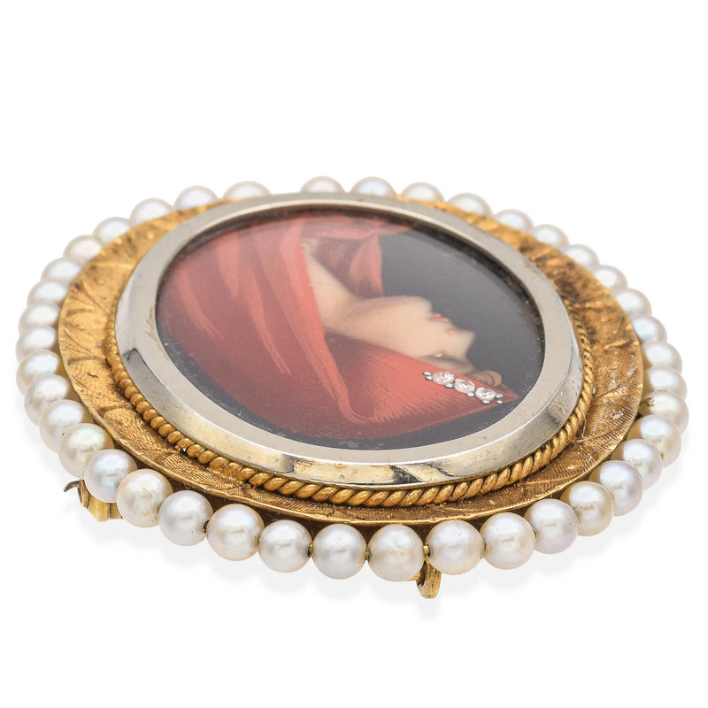 Antique Italy 18K Yellow Gold Pearl Diamond Hand Painted Portrait Brooch Pendant