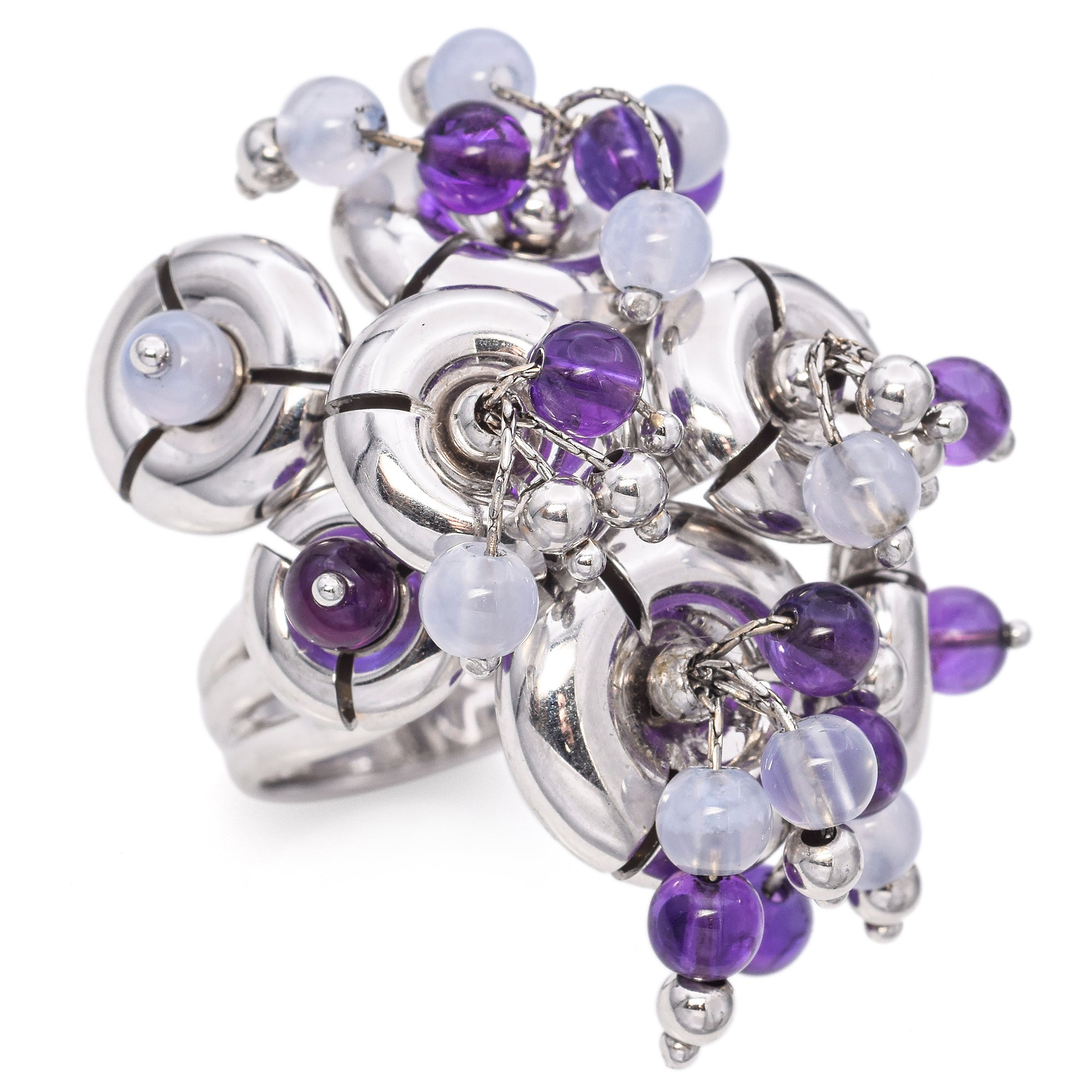 Estate Italy 14K White Gold Amethyst Beaded Spinning Cocktail Ring