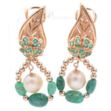 Vintage 18K Yellow Gold Emerald & Pearl Clip-On Dangle Earrings