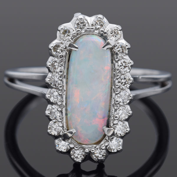 Vintage Opal & 0.40 TCW Diamond 14K White Gold Cocktail Ring Size 8.5