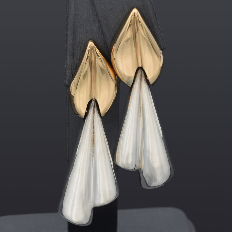 Vintage Designer Signed Sterling Silver & 14K Yellow Gold Drop Earrings
