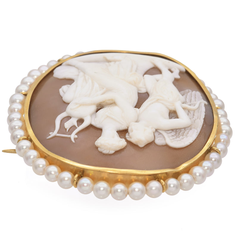 Antique Yellow Gold & Pearl Cameo Venus Playing Lyre Eros Listening Brooch