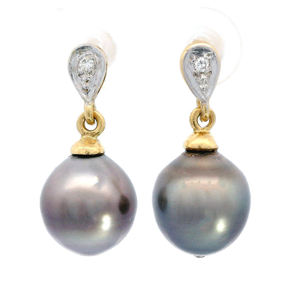 Estate 18K Yellow Gold Tahitian South Sea Pearl & Diamond Earrings