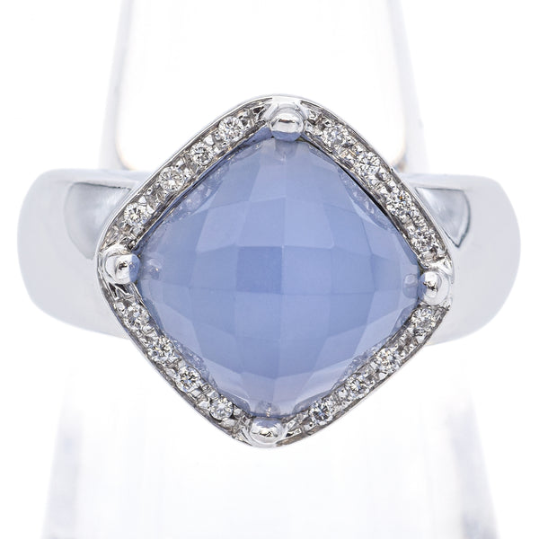 Rina Limon 18K White Gold 3.44 Ct Chalcedony & Diamond Cushion Band Ring Size 6