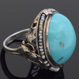 Antique Silver Turquoise & Seed Pearl Round Cocktail Ring Size 5