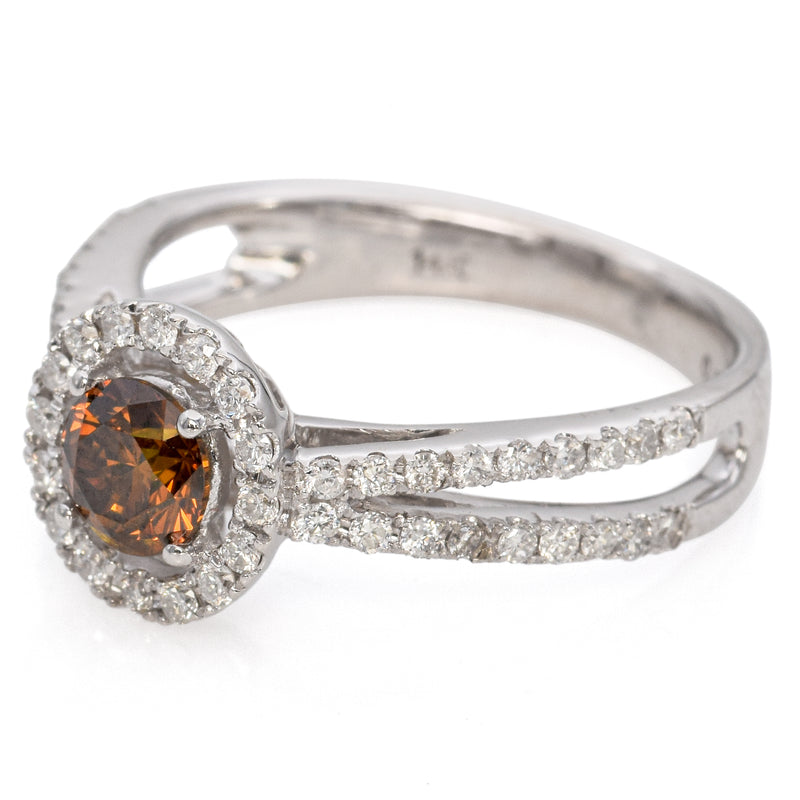 14K White Gold 0.76 TCW Brownish Orange Diamond Halo Split Shank Engagement Ring