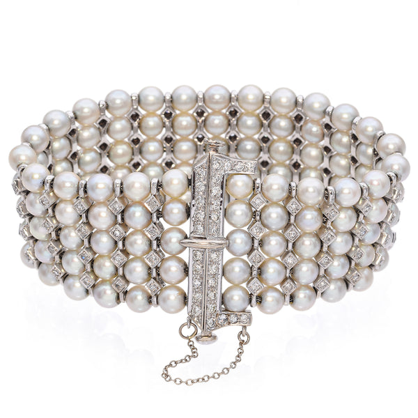 Vintage White Gold 5 Row Pearl and Diamond Bracelet