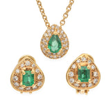 18K Yellow Gold 1.10 TCW Emerald and Halo Diamond Pendant & Stud Earrings Set