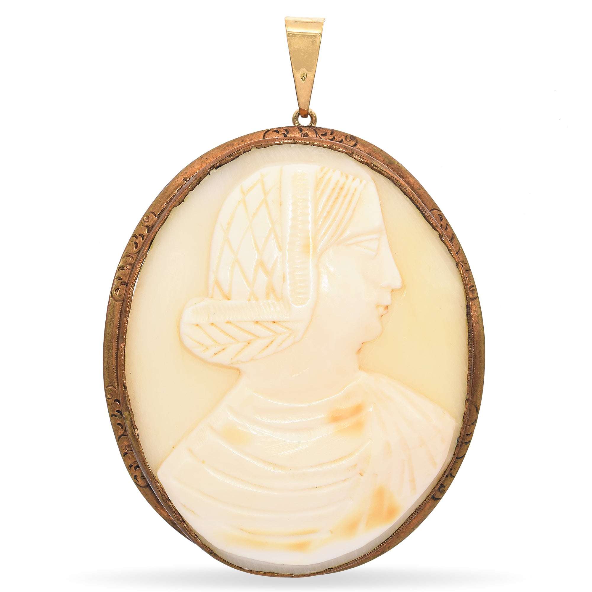 Antique 18K Yellow Gold with Copper Frame White Shell Lady Cameo Brooch Pendant