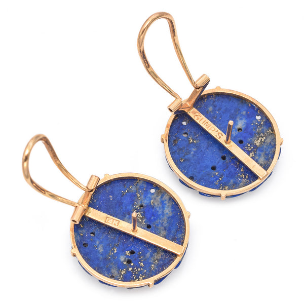 Vintage Gump's 14K Yellow Gold Lapis Round Floral Carved Omega-Back Earrings