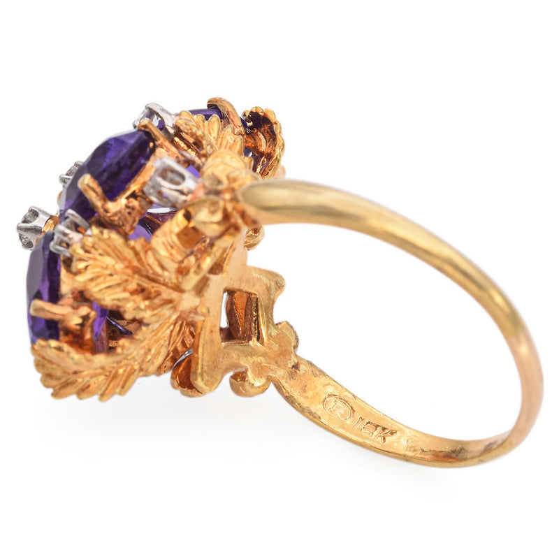 18K Yellow Gold 6.72 TCW Amethyst and Diamond Leaf Setting Cocktail Ring