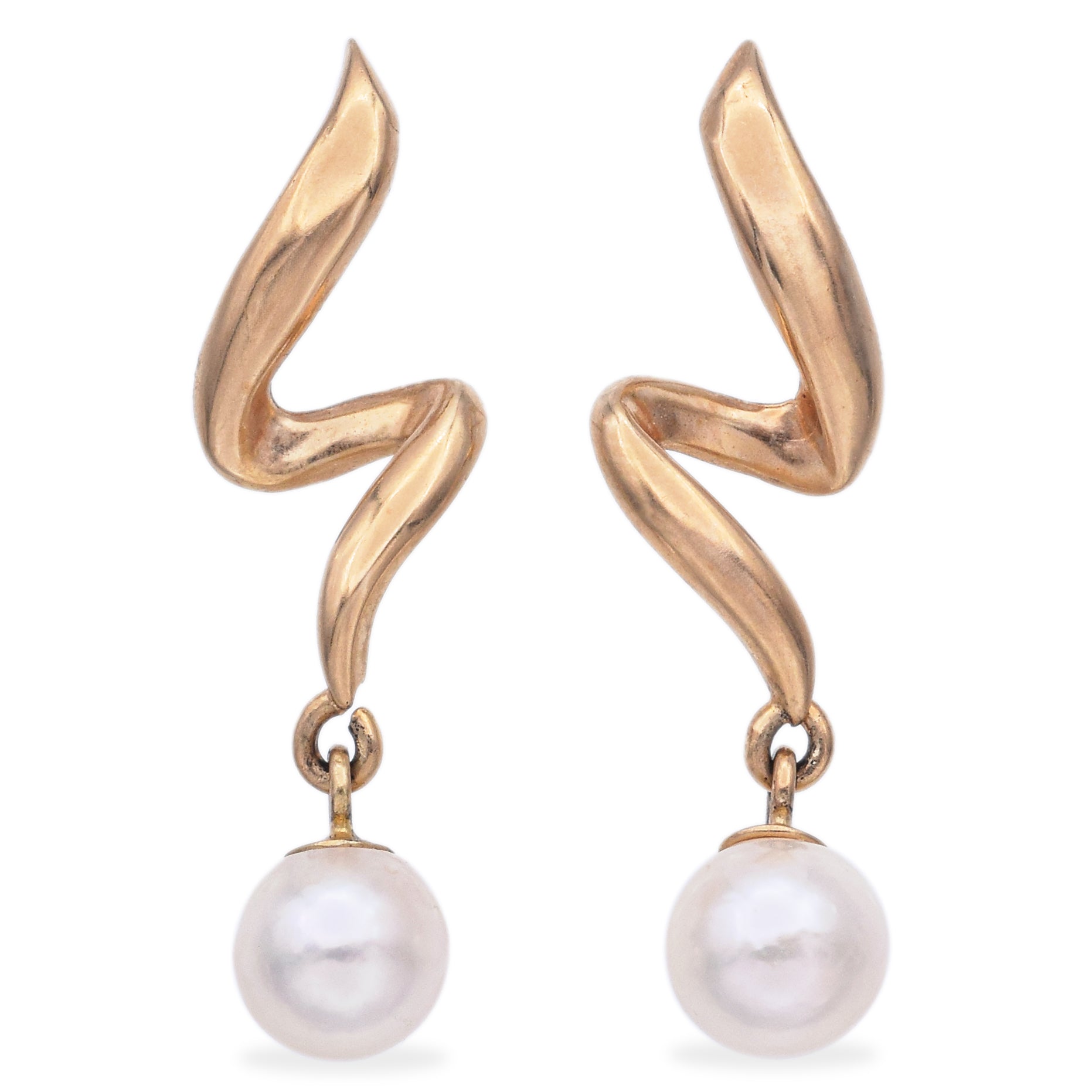 Estate 14K Yellow Gold Pearl Swirl Dangle Earrings