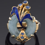 Vintage Green Jade & Sapphire Enamel 18K Yellow Gold Cocktail Ring Size 4.25