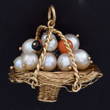 Vintage Pearl & Red Black Coral 14K Yellow Gold Cluster Basket Pendant