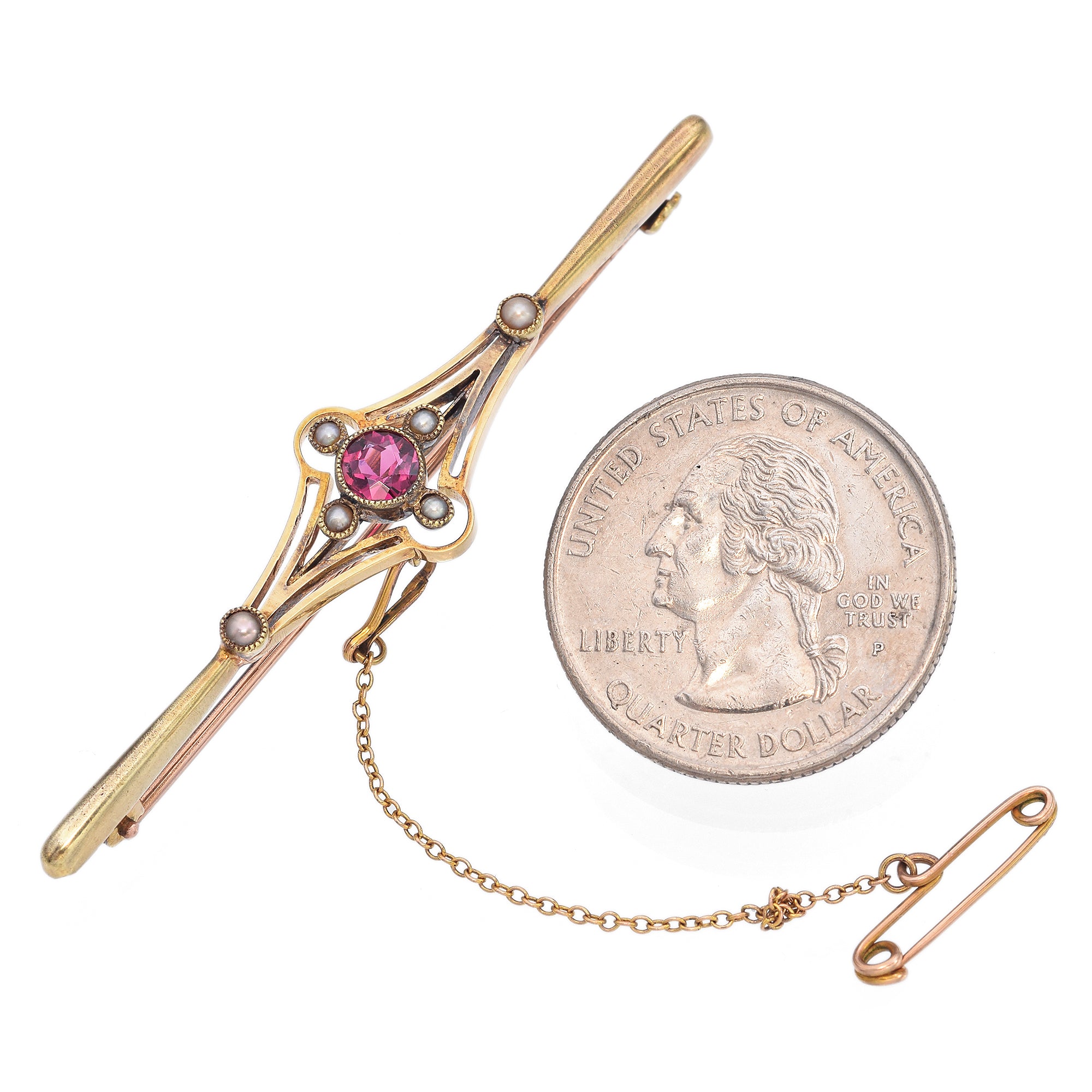 Antique Victorian 14K Yellow & Rose Gold Ruby and Seed Pearl Filigree Bar Brooch