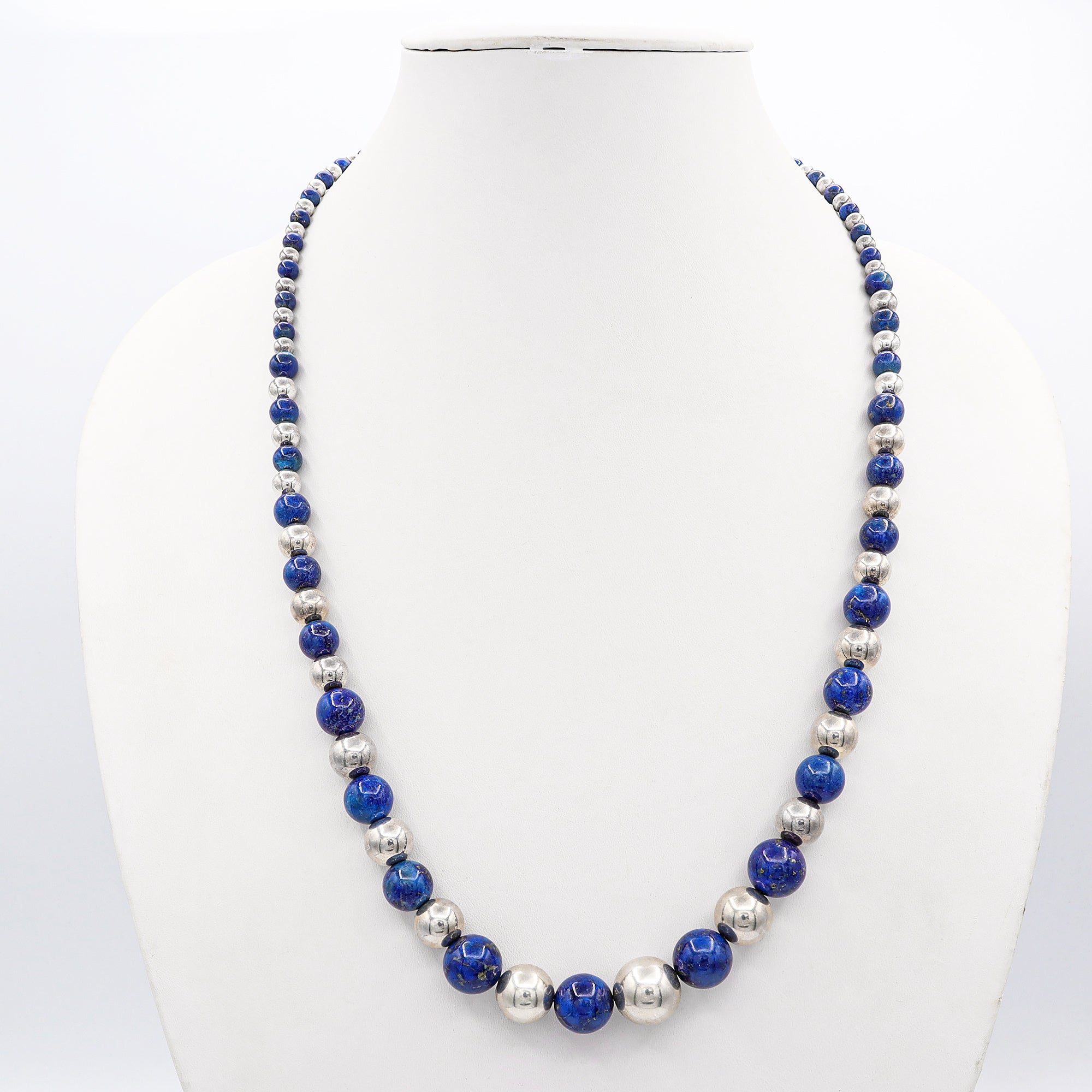 Vintage Lapis Lazuli Graduated Beaded Long Necklace in Sterling Silver