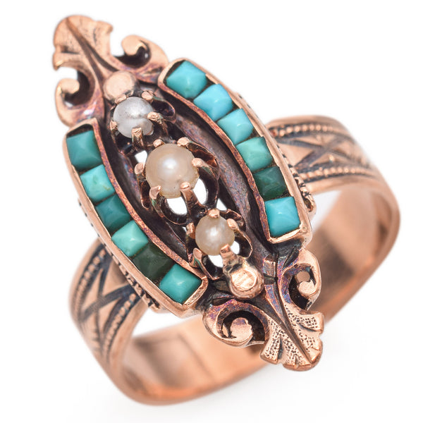 Antique 14K Rose Gold Pearl and Turquoise Cocktail Ring Size 7