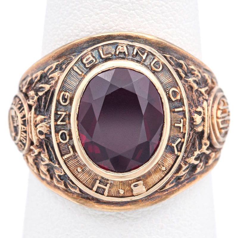 Vintage 10K Gold Lab Ruby Long Island City High School 1956 Class Ring Size  6.75