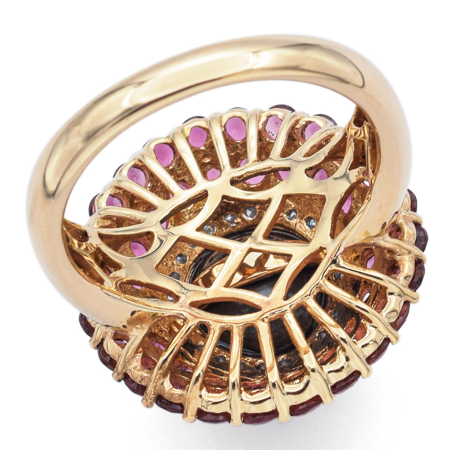 Estate 14K Yellow Gold South Sea Pearl, Rhodolite & Diamond Cocktail Ring Size 9