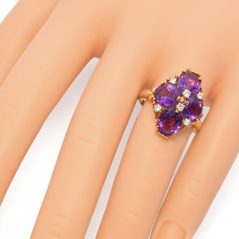 18K Yellow Gold 6.72 TCW Amethyst and Diamond Leaf Setting Cocktail Ring