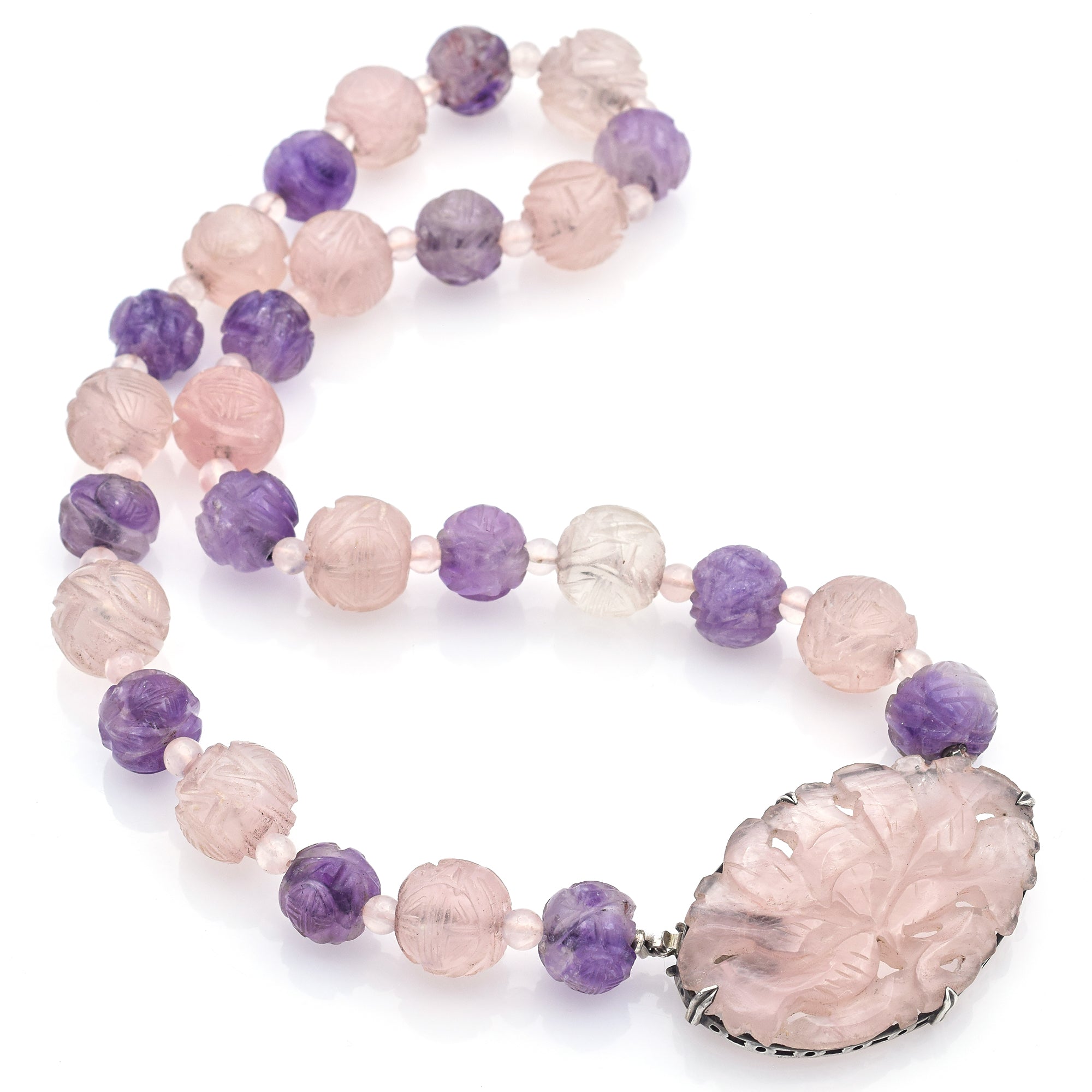 Antique Sterling Silver Carved Rose Quartz & Amethyst Beaded Strand Necklace