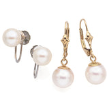 2 Pairs Vintage 14K Yellow White Gold Round Pearl Dangle Screwback Earrings