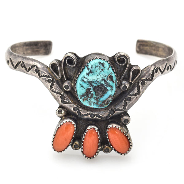 Vintage J Bahe Sterling Silver Southwestern Turquoise & Red Coral Cuff Bracelet