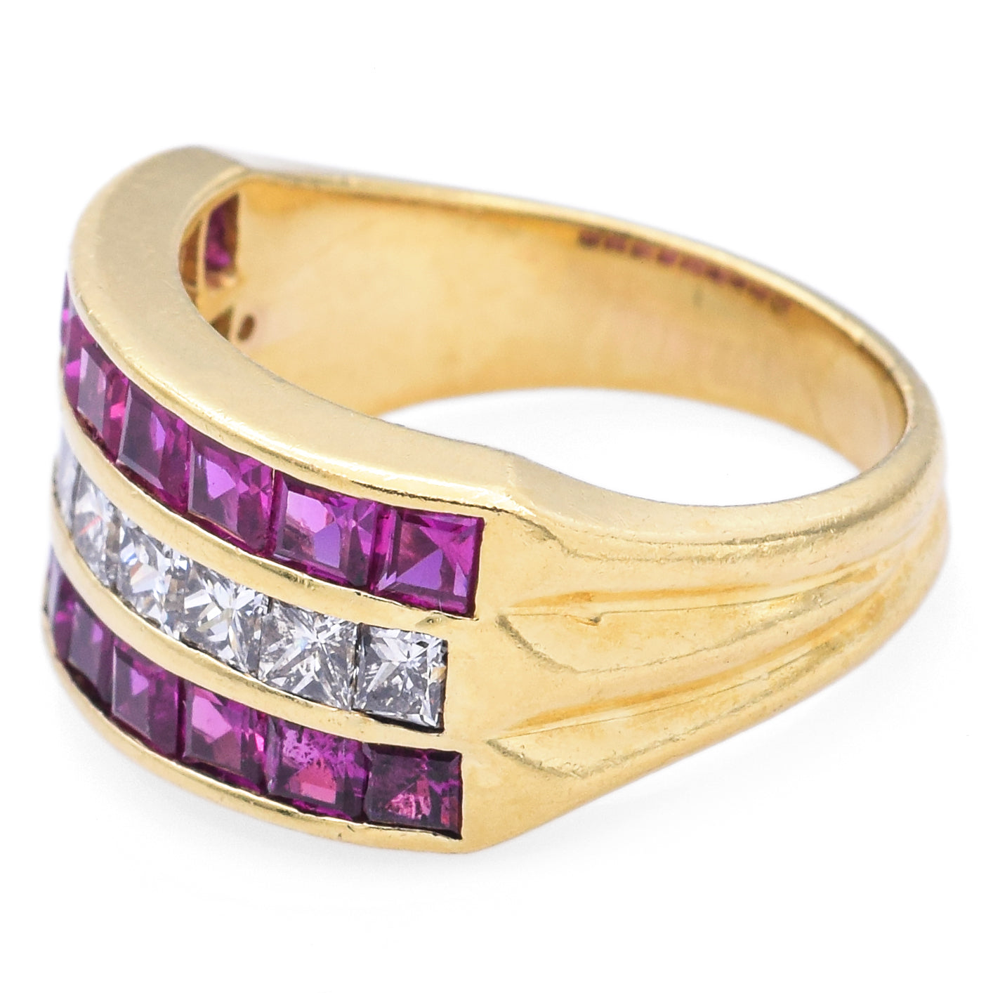 Estate 18K Yellow Gold Princess Cut Ruby & 0.90TCW Diamond 3 Row Band Ring Size 4.75