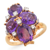 18K Yellow Gold 6.72 TCW Amethyst and Diamond Leaf Setting Cocktail Ring